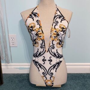 Fashion Nova Bodysuit - Black, White, and Gold